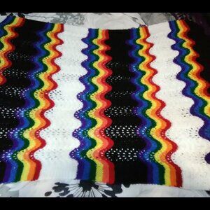 rainbow knitted blanket handmade hippy pride decor trippy